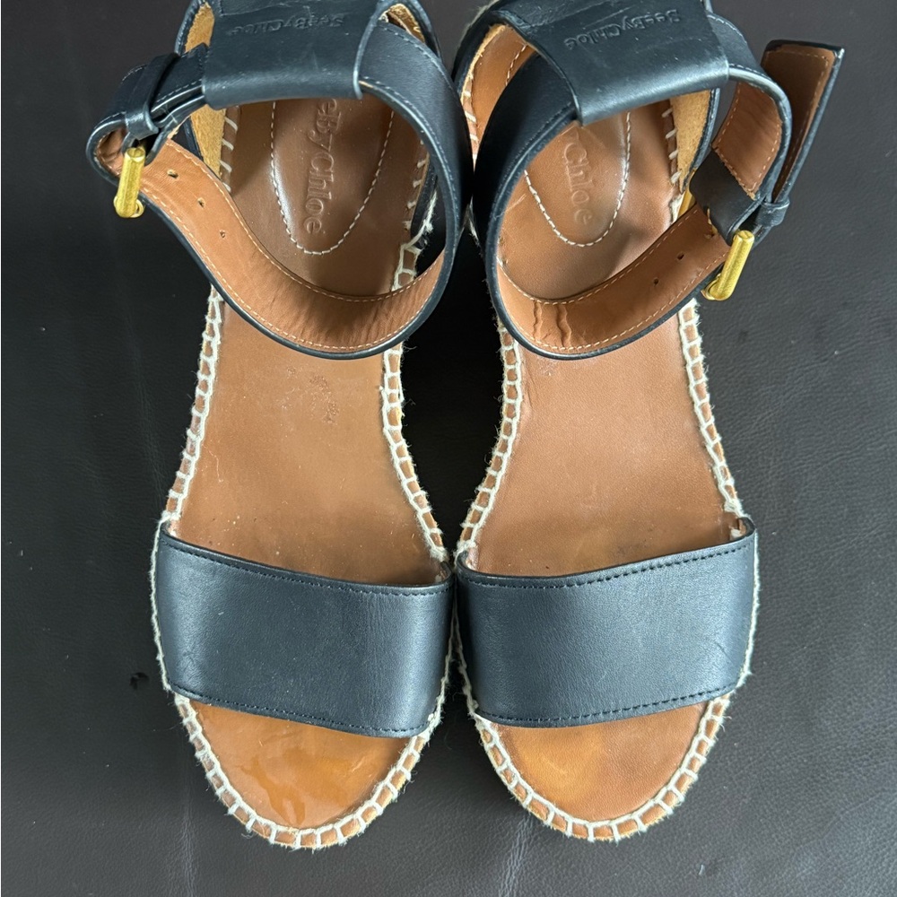 See By Chloe Black Leather Espadrille Wedge Sandal with Gold Buckle - Picture 2 of 8